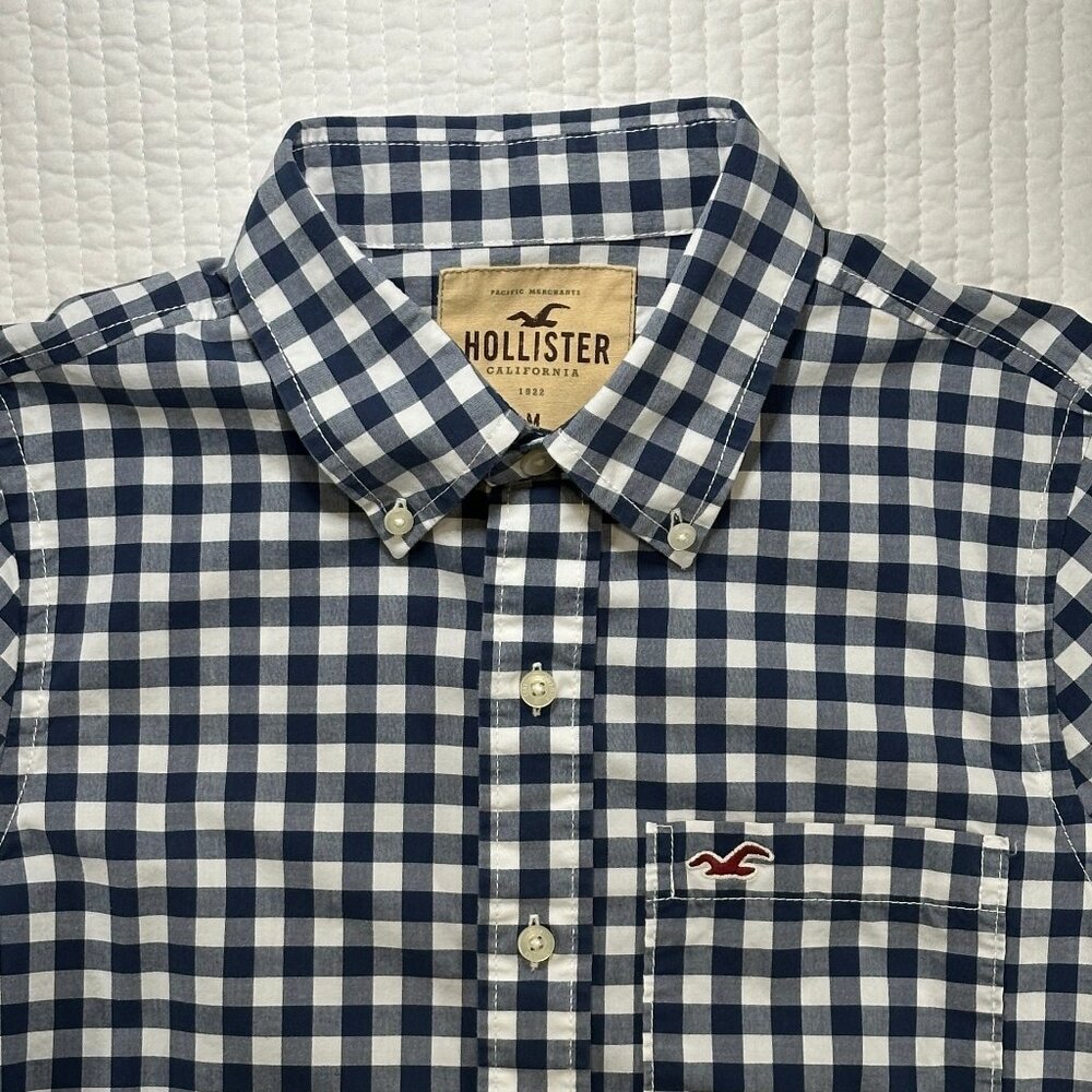 Hollister Navy Blue White Check Long Sleeve Preppy Button Down Shirt Size M